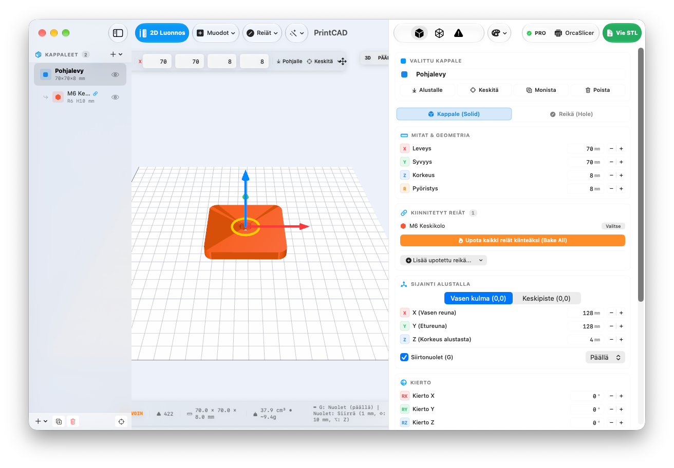 PrintCAD User Interface running on macOS